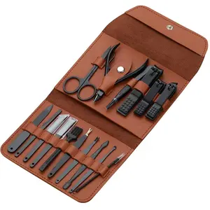 16 PCS Black Nail Clipper Trimming Kit Customized Logo with Soft Leather Pouch