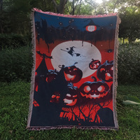 Tapis de pique-nique et couverture quatre saisons en tapisserie tissée à la machine, décoratif à pompons, ambiance de festival sorcier citrouille d'Halloween