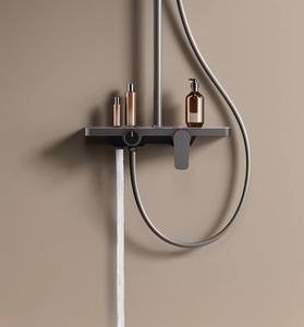 Minimalist Matte <b>Black</b> Wall Mount <b>Shower</b> Set with Rainfall <b>Head</b> and Slide Bar 37.6in Brass Faucet Bathroom Fixture - Product Image 2