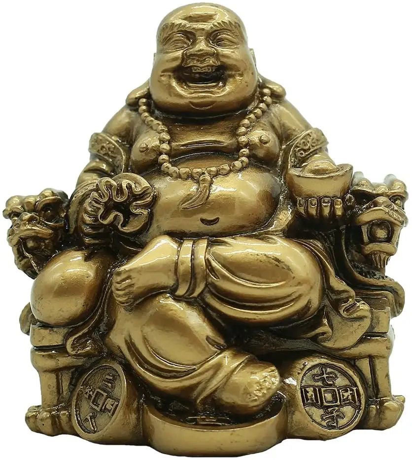 Chinese Ambachten Hars Lachende Boeddha Zittend Op Dragon Stoel Sculptuur Wealth Lucky Standbeeld Home Decoratie Gift