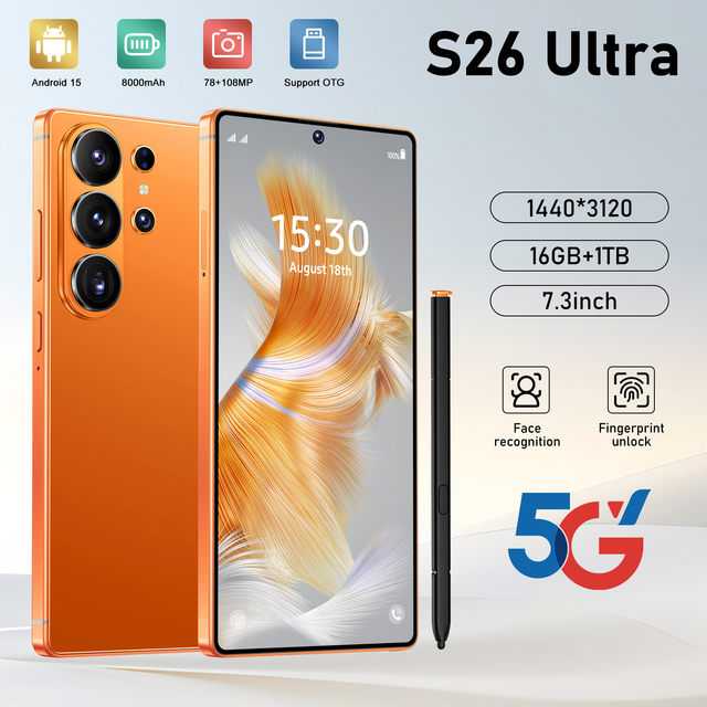 2026 New Arrival S26 Ultra Android 15 5G Smartphone Snapdragon 800 Series 120Hz Display 108MP Camera 120W Fast Charging Dual SIM