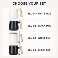 Mug en céramique avec poignée en bois, impression de logo personnalisé, 301-400 ml, avec couvercle et cuillère, blanc et noir, pour le café, le thé, le bureau, usage quotidien