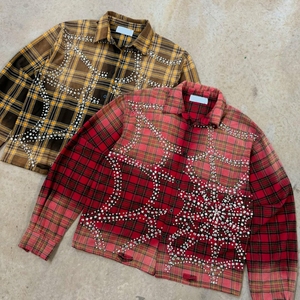 Camicie di Flanella da Uomo a Maniche Lunghe o Corte Personalizzate Scozzesi Cropped con Taglio Boxy Effetto Distressed e Strass Stile Streetwear di Produzione - Product Image 2