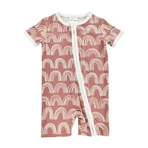 夏季来样定做印花粉色彩虹短袖婴儿竹连衫裤有机棉婴儿连衫裤婴儿动物睡衣