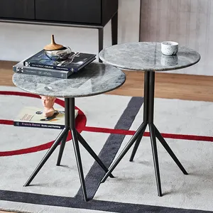 Groothandel Meubelleverancier Moderne Minimalistische Black Metal Hoge Kwaliteit Grijze Ronde Marmeren Kleine Salontafel Set