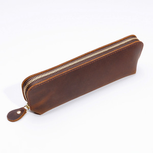 Estuche para bolígrafos con cremallera de cuero genuino Vintage Crazy Horse, estuche para lápices de papelería de cuero Real, regalos para hijo e hija - Product Image 5