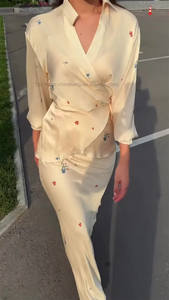 New Women's Wear: Elegant Satin Long-Sleeve <b>Tie</b>-Front Top With Skirt - Casual 2-Piece <b>Set</b> Fashion - Product Image 3