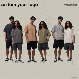 Camiseta de punto 100% algodón de 275GSM, estilo urbano de marca, efecto envejecido retro de primavera, corte holgado, cuello pequeño, diseño liso. - Product Image 2