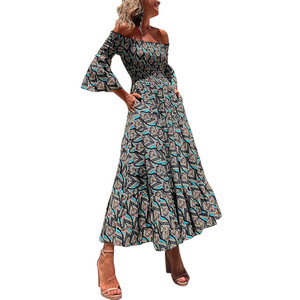 On01237 Vestido estampado europeo y americano para mujer, con hombros descubiertos, entallado en la cintura, adelgazante, moderno, ajustado y versátil, en stock. - Product Image 5