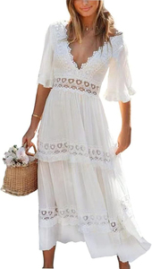 Robe longue décontractée d'été en satin pour femme, respirante, col en V, sans manches, avec empiècements en <span class=keywords><strong>dentelle</strong></span>, logo brodé sur le devant, taille naturelle, couleur unie - Product Image 3