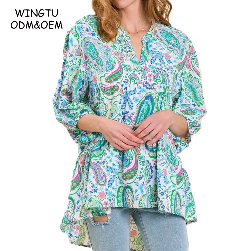 WINGTU individuelle Eigenmarke Bluse grün gemischt Paisley Druck V-Schnitt-Oberteil für Damen