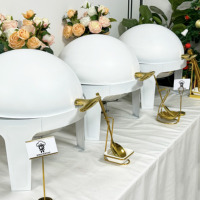 Chauffe-Plats de Luxe pour Buffet Traiteur, Présentoir Autonome en Acier Inoxydable avec Poignée Dorée et Couvercle Blanc Enroulable