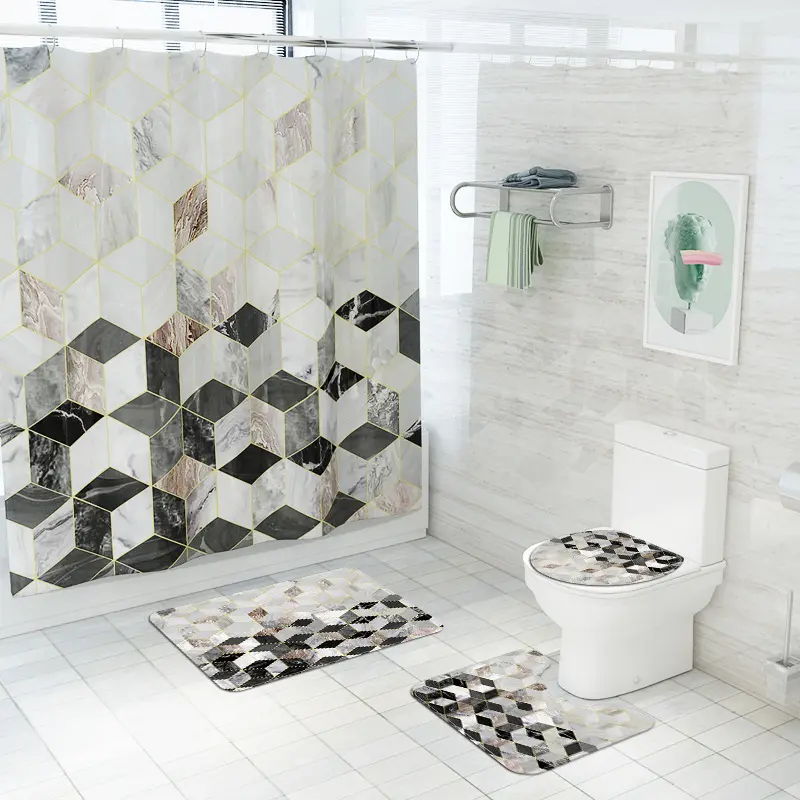 Özel 4-Piece mermer duş perde seti çevre dostu Modern kumaş banyo Tote duş perdesi ve kilim ile dijital baskılı