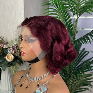 13*4 Frontal <b>Short</b> Bouncy <b>Wigs</b> for Burgundy Women 13x4 Burgundy Human Hair Lace Frontal - Product Image 1