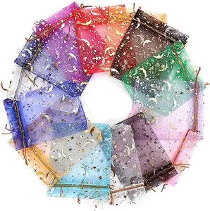 Hot Stamping Star And Moon Pattern Beautiful Organza Pack Drawstring Bag 5x7inches Wedding Gift Pouch With Drawstring