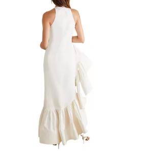 Vestido de mujer personalizable de algodón blanco liso con cremalleras, cuello redondo, abertura alta, maxi, con volantes, para noche - Product Image 2