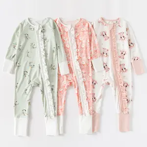 Custom Printed 95% Bamboo 5% Spandex Jumpsuit Ropa De Bebe New Born Baby Clothes Onesie Bamboo Ruffle Zipper Infant Baby Romper