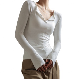 Camiseta de Manga Larga Personalizada de Alta Calidad, 100% Algodón, para Mujer, Estilo Casual, Cuello en V, Color Sólido, para Otoño e Invierno - Product Image 2