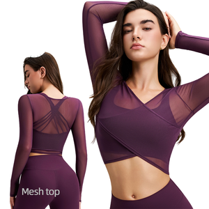 Custom Women's Long Sleeve Slim Yoga T-Shirt Breathable Mesh Quick Dry Front <b>Sports</b> Fitness <b>Top</b> V-Neck Lightweight Running - Product Image 1