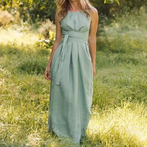 เดรสผ้าลินินคุณภาพสูงสำหรับผู้หญิง คอปก แขนกุด สไตล์ลำลอง สีพื้น ทรงเข้ารูป ผ้าจับจีบ ทรงสวย ใส่สบาย เหมาะสำหรับฤดูร้อน ลดราคาพิเศษ - Product Image 1