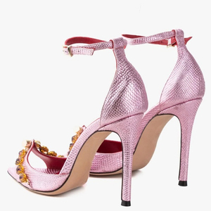 Sandalias de tacón de aguja para mujer, talla grande 45, ajuste ancho, con decoración metálica, correa al tobillo, tacones altos y delgados, zapatos de fiesta con diamantes - Product Image 2