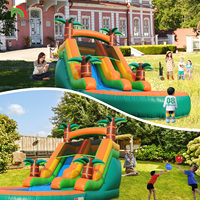 Toboggan gonflable commercial en PVC pour cour, toboggans gonflables verts, jungle tropicale, cocotier, toboggan aquatique gonflable avec piscine, souffleur