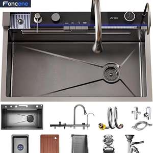 Handgemachte moderne Edelstahl Single Bowl Küchen spüle mit Wasserhahn Vier-Loch-Wasserfall Design für Geschirrs püler verwenden Restaurants - Product Image 5