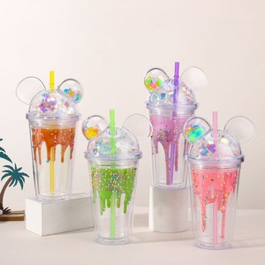 450ml Sweet Drip Cream Pattern <b>Plastic</b> Tumbler Double Wall Design with Straw Confetti Filled Mickey Ear Dome Lid Cute Ice Cream - Product Image 5