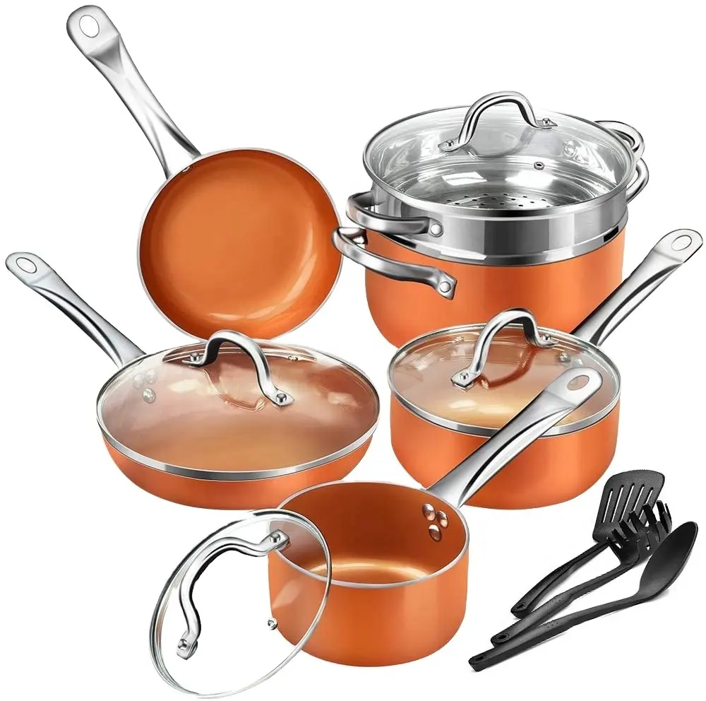 New 10 pieces double bottom pot set kitchen no-stick pot cookware set cooper steam stew frying pan and pot set