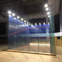 Terrain de squash doré avec verre trempé de 12 mm, sol en bois, joints en acier inoxydable, garantie 10 ans, pour matchs professionnels