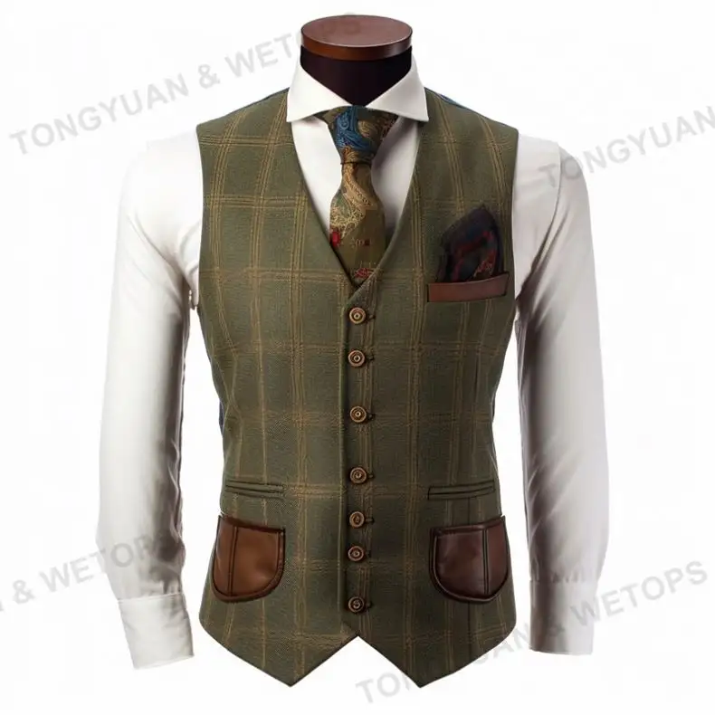 4 Pocket Marron Jacket Men's Suit Vest Lapel Herringbone Pattern Slim Fit Casual Formal Wedding Classic Gentleman Men's Vest