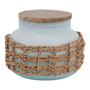 Candela in barattolo di vetro con coperchio in legno e rivestimento in tessuto decorativo per uso domestico interno - Product Image 1