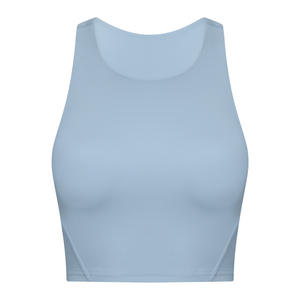 Custom Logo Nylon Spandex Women Ribbed <strong>Longline</strong> High Neck Sports Bra Racerback Padded Slim Fit Crop Tank <strong>Top</strong> <strong>With</strong> Built in Bra - Product Image 2