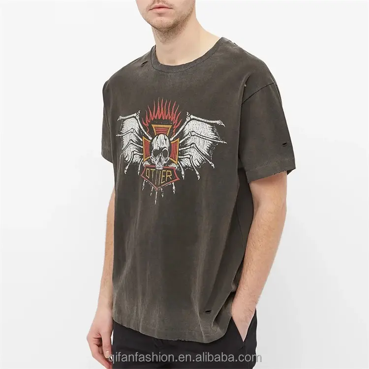 Custom logo printing distressed ripped vintage washed t shirt for men