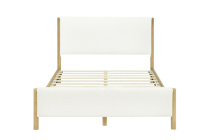 Cama Moderna de Lujo Tapizada en Blanco con Patas de Madera de Caucho, Cama Doble Tamaño Queen - Product Image 2