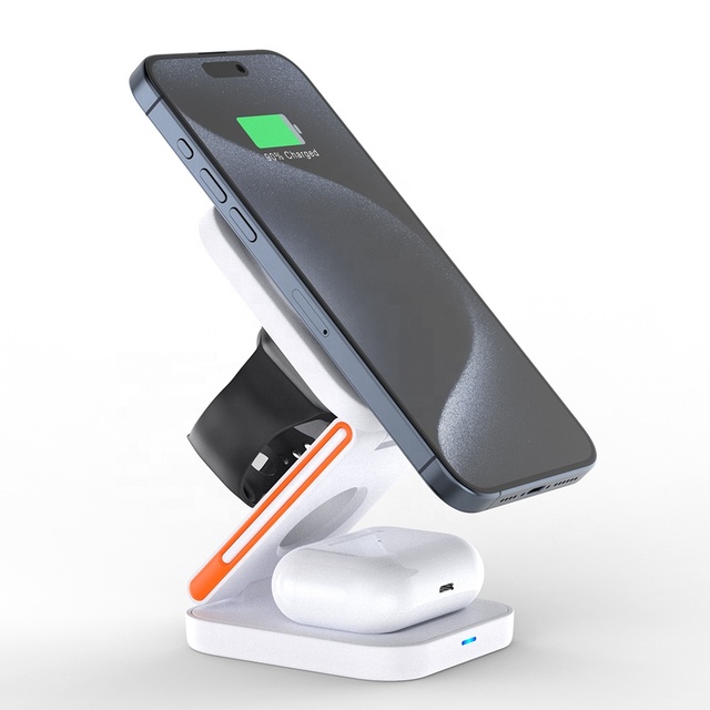 Compact Portable Magnetic 3 in 1 Wireless Charger Foldable Fast Charging Station Metal Stand for iPhone Watch Earbuds