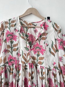 Vestido Midi de algodón con estampado de bloques florales, vestido de verano de cuello profundo, vestido de algodón hecho a mano indio, traje ligero de estilo bohemio para mujer - Product Image 2