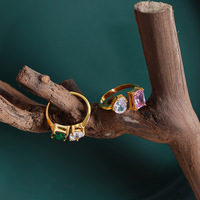 Bague ouverte en acier inoxydable de style vintage de luxe pour femme Plaqué or 18 carats INS Niche Light avec incrustation colorée sans décoloration