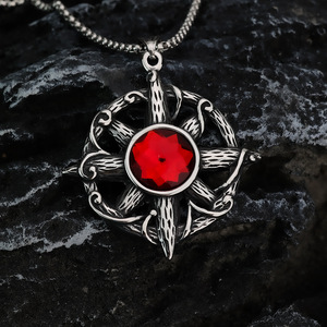 Yunnique – pendentif croix Vintage en acier inoxydable, avec incrustation de rubis rouge, design géométrique, pour hommes, collier, breloque, cadeau - Product Image 3