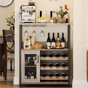 Rustic Freestanding Liquor Display Cabinet with LED Light Cup Holder Adjustable Wine Rack Mesh Door Home Coffee Bar <strong>Sideboard</strong> - Product Image 2