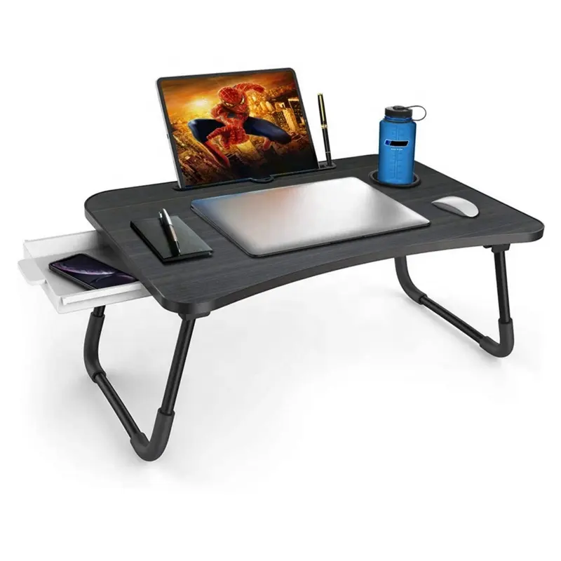 Table de lit pliable multifonction pour ordinateur portable, plateau de service, Table à manger avec tiroir de rangement et support de bouteille d'eau,