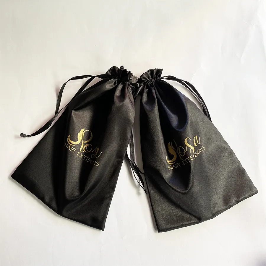 Custom logo hair extensions Wig Storage Bags Drawstring Black Satin Silk Bag For Hair Bundle Packaging