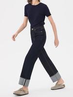 Jeans Mom Baggy Taille Haute pour Femme, en Denim Coton Noir, Coupe Droite, Imprimé Vintage, avec Rivets et Boutons, Effet Délavé, Ourlet Roulé, Logo à la Taille, ODM OEM