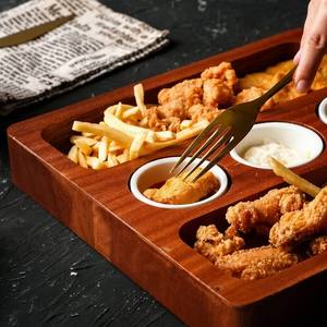 Piatto da Snack Sabri Classico in Legno Massello Rettangolare Vassoio da Ristorante per Bistecca Patatine Fritte Pollo Fritto Salse per Campeggio - Product Image 6