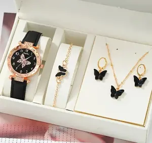 5pcs Luxo Mulheres Pulseira Relógios Pulseira De Cristal Stud Earring Necklace Set Ladies Watch Casual Quartz Wristwatch Set