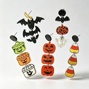 Orecchini da donna esagerati in ferro, a tema Halloween, horror, con stampa leopardata, zucca, caramella, pipistrello, gioielli giganti stravaganti - Product Image 1