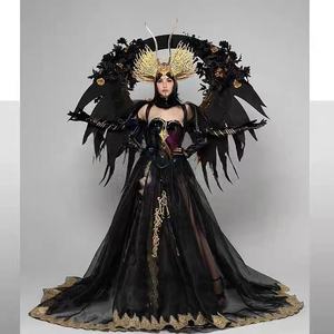 Conjunto de Disfraz de Danza Escénica Moderno con Plumas de Ángel Oscuro para Adultos, 100% Poliéster, Talla Única, Leotardo Gogo Personalizado, Brillante, en Existencia - Product Image 1