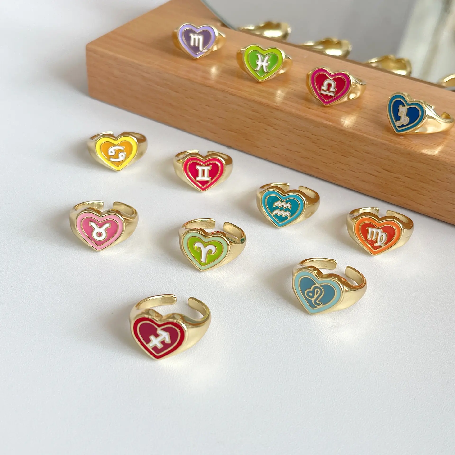 JOJO Fashion colorato regolabile goccia olio amore cuore Y2K 12 zodiaco costellazione anello in ottone per donne ragazze