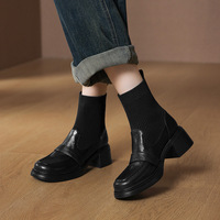 Bottes chaussettes pour femme en cuir de vache noir et tissu tricoté, nouveau design tendance, talon épais de 5 cm, automne-hiver, vente en gros