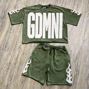 Set Streetwear Vintage di Lusso Personalizzato con Logo, Lavaggio Acido, Stile Y2K Hip Hop, T-Shirt e Pantaloncini in <span class=keywords><strong>Cotone</strong></span> con Applicazione Fiamma, 2 Pezzi - Product Image 1
